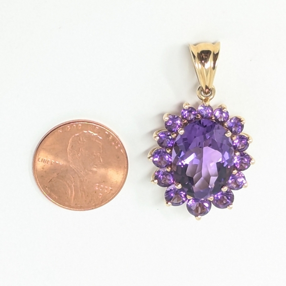 14kt Vintage Solid Yellow Gold Amethyst Oval Round Cluster Pendant - Picture 11 of 11